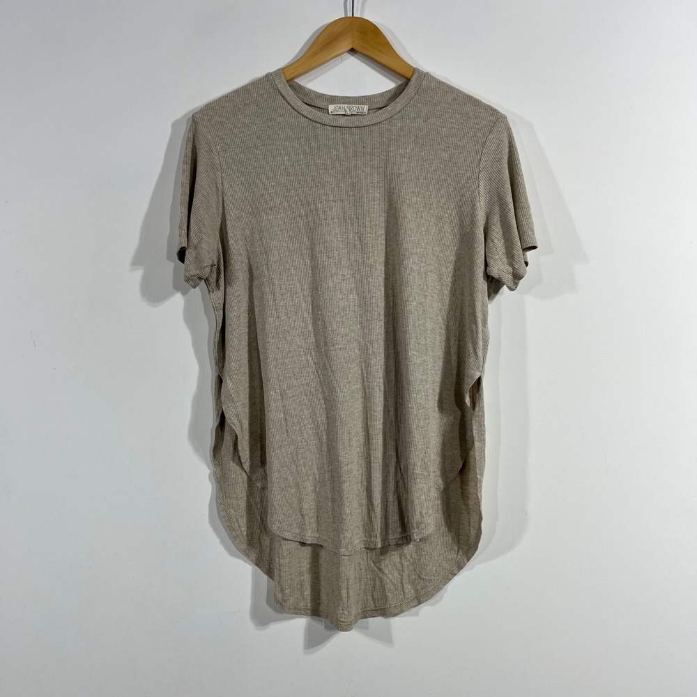 Joah Brown Minimalist Streetwear Ribbed Short Sleeve Top Beige Womens OS Neutral